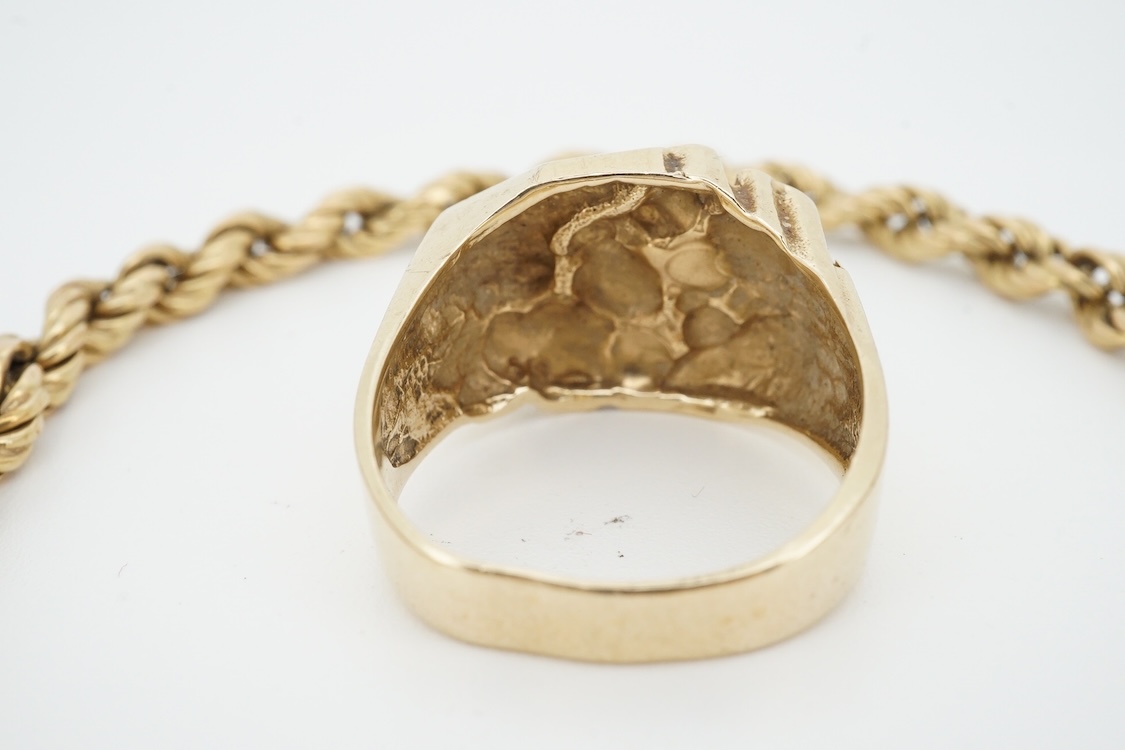 A 14k ring, size S, together with a damaged 14k rope twist chain, 15.4 grams.